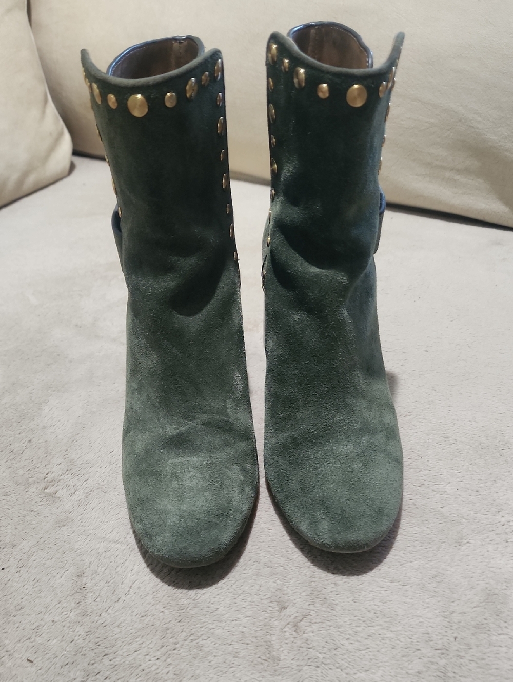 Tory Burch Kira 70mm Stud Suede Bootie in Olive Green - Picture 3 of 12